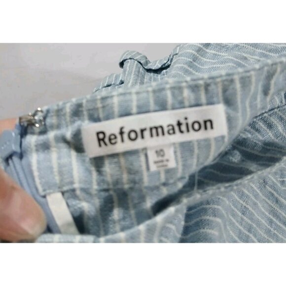 Reformation Carol Linen Pleated Mini Skirt Size 10 Blue Stripe Buttons Preppy - Picture 6 of 12